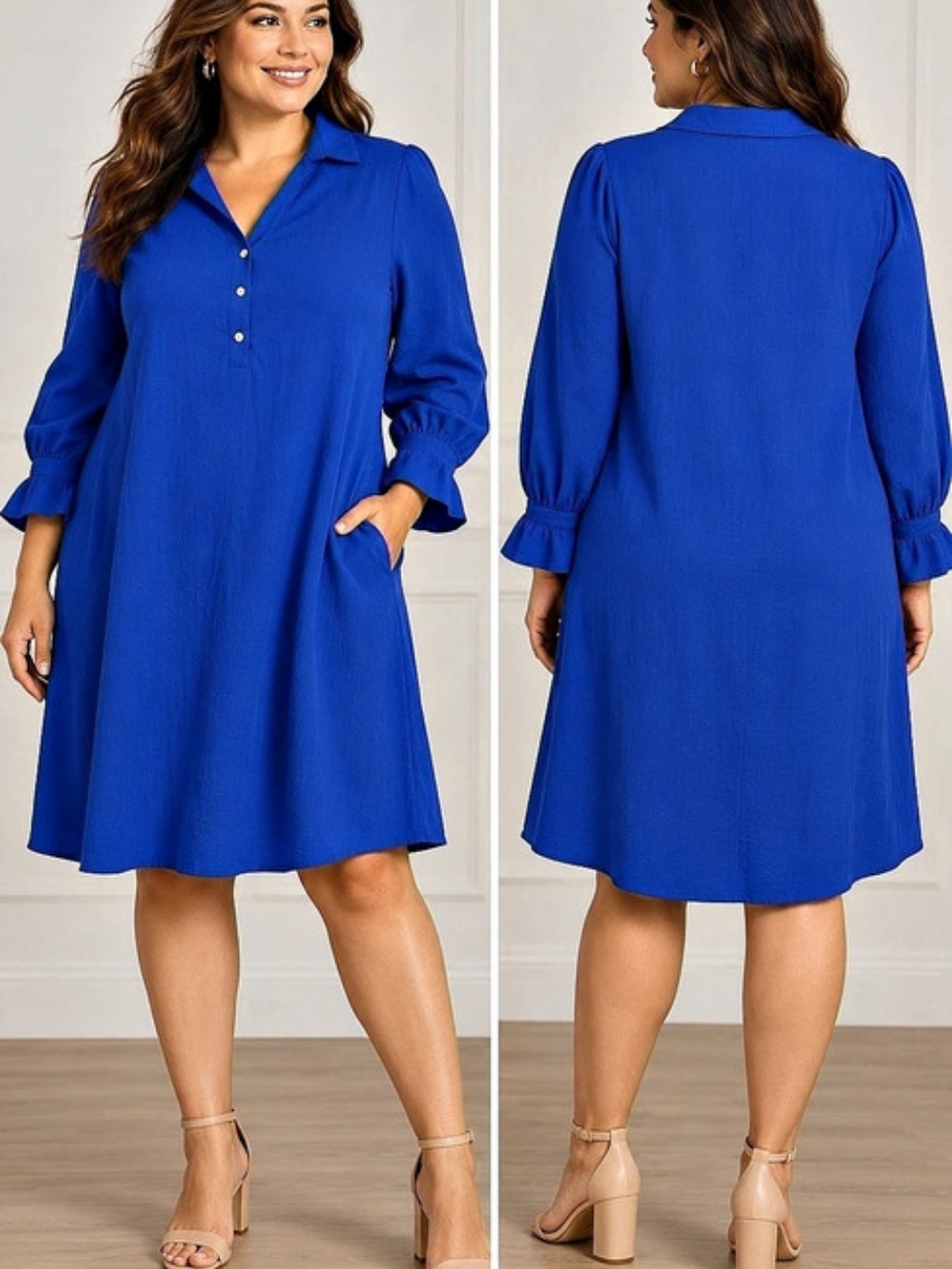 DIRASS XL Royal Blue Shirt Dress Ruffle Sleeve Pockets Shift
